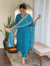 BLUE COLOURED WOMEN'S REYON EMBROIDERED KURTA WITH PANT DUPATTA SET