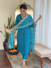 BLUE COLOURED WOMEN'S REYON EMBROIDERED KURTA WITH PANT DUPATTA SET
