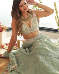 Sea Green Party Wear Georgette Crush Work Lehenga Choli
