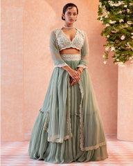 Sea Green Party Wear Georgette Crush Work Lehenga Choli