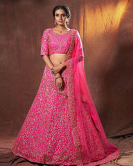 Rani Pink Colored Barfi Silk Embroidered Work Lehenga Choli