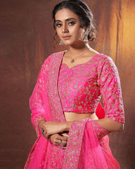 Rani Pink Colored Barfi Silk Embroidered Work Lehenga Choli