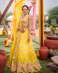 Yellow Georgette Mirror Embroidery Work Lehenga Choli