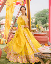 Yellow Georgette Mirror Embroidery Work Lehenga Choli