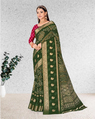 Bandhani Print Jacquard border Cotton saree with blouse for women