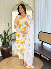 YELLOW COLOURED WOMEN'S GEORGETTE KURTA WITH PANT DUPATTA SET