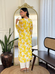 YELLOW COLOURED WOMEN'S GEORGETTE KURTA WITH PANT DUPATTA SET