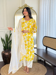 YELLOW COLOURED WOMEN'S GEORGETTE KURTA WITH PANT DUPATTA SET
