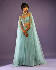 Turquoise color faux georgette crushed lehenga choli