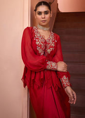 Red Embroidered Organza Top With Drape Skirt