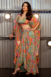 Multi Color Jacket And Crop Top Pure Crepe & Skirt Georgette & Draped Set