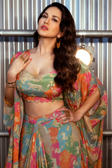 Multi Color Jacket And Crop Top Pure Crepe & Skirt Georgette & Draped Set