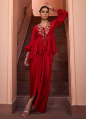 Red Embroidered Organza Top With Drape Skirt