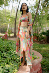Multi Color Jacket And Crop Top Pure Crepe & Skirt Georgette & Draped Set