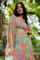 Multi Color Jacket And Crop Top Pure Crepe & Skirt Georgette & Draped Set