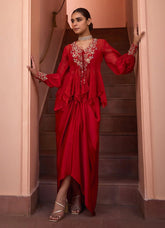 Red Embroidered Organza Top With Drape Skirt