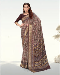 Botanical Print Jacquard border Cotton saree with blouse for women