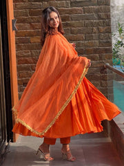 ORANGE COLOURED WOMEN'S CHANDERI KURTA SET