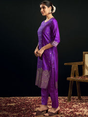 Violet & Gold Silk Blend Jacquard Woven Kurta Set with Trousers & Dupatta | Elegant Indian Ethnic Wear for Women Malaysia