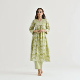 MOTI LEMON GREEN COLOURED WOMEN'S RAYON SLUB LACE WORK KURTA WITH PANT SET