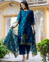Divastri Women’s Jacquard Silk Blend Kurta Pant Dupatta Set | Rama Blue Ethnic Wear | Festive, Party & Wedding Traditional Outfit for Women in Malaysia