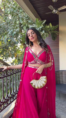 Citrus Pink Draped plazo & Mirror work Blouse with Cape