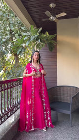 Citrus Pink Draped plazo & Mirror work Blouse with Cape