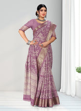 Geometric Print Zari border Soft cotton saree with blouse for women