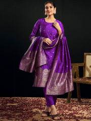 Violet & Gold Silk Blend Jacquard Woven Kurta Set with Trousers & Dupatta | Elegant Indian Ethnic Wear for Women Malaysia