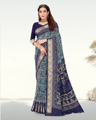 Botanical Print Jacquard border Cotton saree with blouse for women