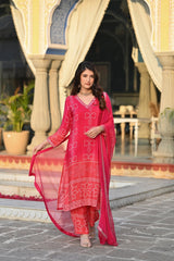 KASHISH RED COLOURED WOMEN'S SOFT CHINNON SILK KURTA WITH PANT DUPATTA SET
