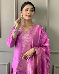 JENA LIGHT PINK COLOURED WOMEN'S VISCOSE CHANDERI KURTA WITH PANT DUPATTA SET