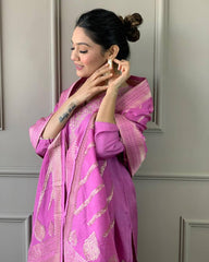JENA LIGHT PINK COLOURED WOMEN'S VISCOSE CHANDERI KURTA WITH PANT DUPATTA SET