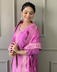 JENA LIGHT PINK COLOURED WOMEN'S VISCOSE CHANDERI KURTA WITH PANT DUPATTA SET