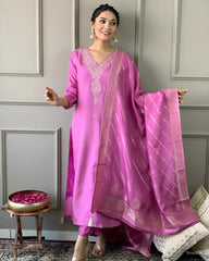 JENA LIGHT PINK COLOURED WOMEN'S VISCOSE CHANDERI KURTA WITH PANT DUPATTA SET