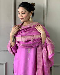 JENA LIGHT PINK COLOURED WOMEN'S VISCOSE CHANDERI KURTA WITH PANT DUPATTA SET