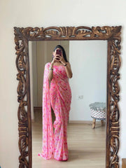 Ready To Wear Pink Georgette Saree with Printed Work & Blouse Piece | Stitched Saree | Party Wear Saree Online Shopping