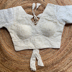 Pure Cotton Camric Hakoba Work Alia Cut Blouse | Zara 4 Designer Off White Padded Readymade Saree Blouse