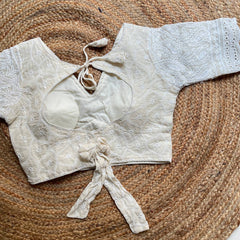 Pure Cotton Camric Hakoba Work Alia Cut Blouse | Zara 4 Designer Off White Padded Readymade Saree Blouse