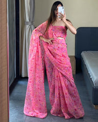 Ready To Wear Pink Georgette Saree with Printed Work & Blouse Piece | Stitched Saree | Party Wear Saree Online Shopping