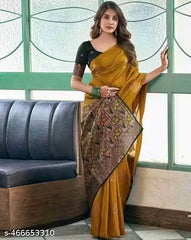Trendy Banarasi Litchi Silk Saree for Women | Jacquard Gold Zari Woven Traditional Indian Saree with Running Blouse | Wedding, Party & Festive Wear