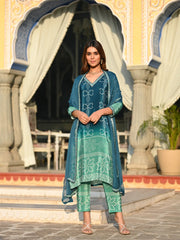 KASHISH TEAL COLOURED WOMEN'S SOFT CHINNON SILK KURTA WITH PANT DUPATTA SET