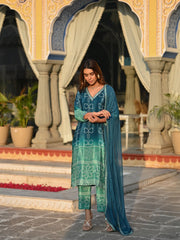 KASHISH TEAL COLOURED WOMEN'S SOFT CHINNON SILK KURTA WITH PANT DUPATTA SET
