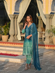 KASHISH TEAL COLOURED WOMEN'S SOFT CHINNON SILK KURTA WITH PANT DUPATTA SET