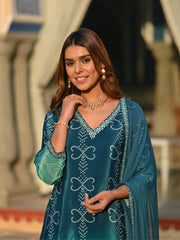 KASHISH TEAL COLOURED WOMEN'S SOFT CHINNON SILK KURTA WITH PANT DUPATTA SET