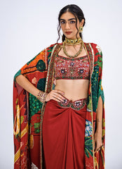 Red Embroidered Mughal Skirt Cape Set