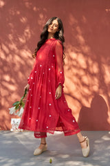 Red Cotton Embroidered Schiffli Lace Round Anarkali And Pant Set