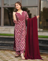 Gorgeous Maroon Colored Calf Length Kurta Set