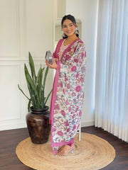 LIGHT PINK COLOURED WOMEN'S CHANDERI SILK EMBROIDERED STRAIGHT KURTA WITH PANT DUPATTA SET