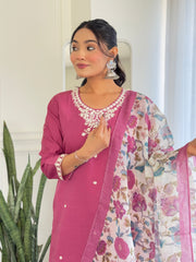 LIGHT PINK COLOURED WOMEN'S CHANDERI SILK EMBROIDERED STRAIGHT KURTA WITH PANT DUPATTA SET